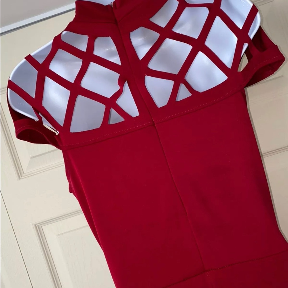 Burgundy fitted jumpsuit.